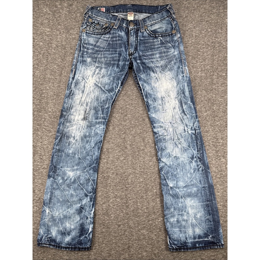 True Religion Ricky Super T Straight Leg Jeans Mens Size 33 Whiskered Wash USA